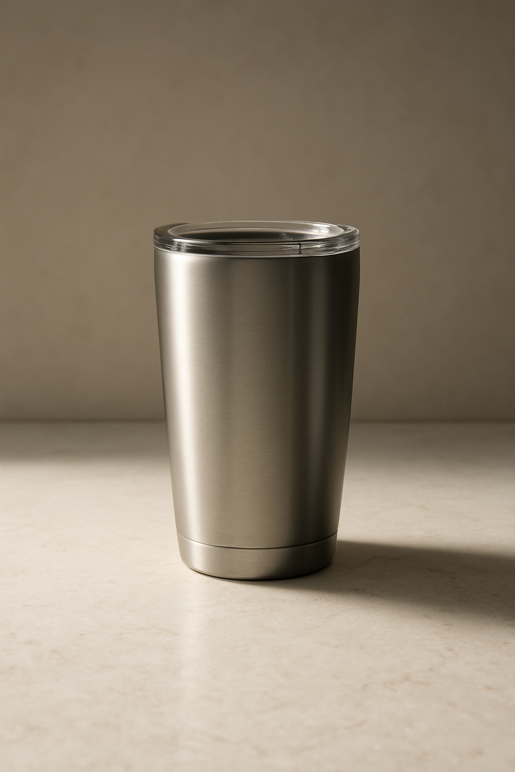 minimalist image of a matte stainless-steel tumbler cup on a marble surface with soft spotlight, no text.