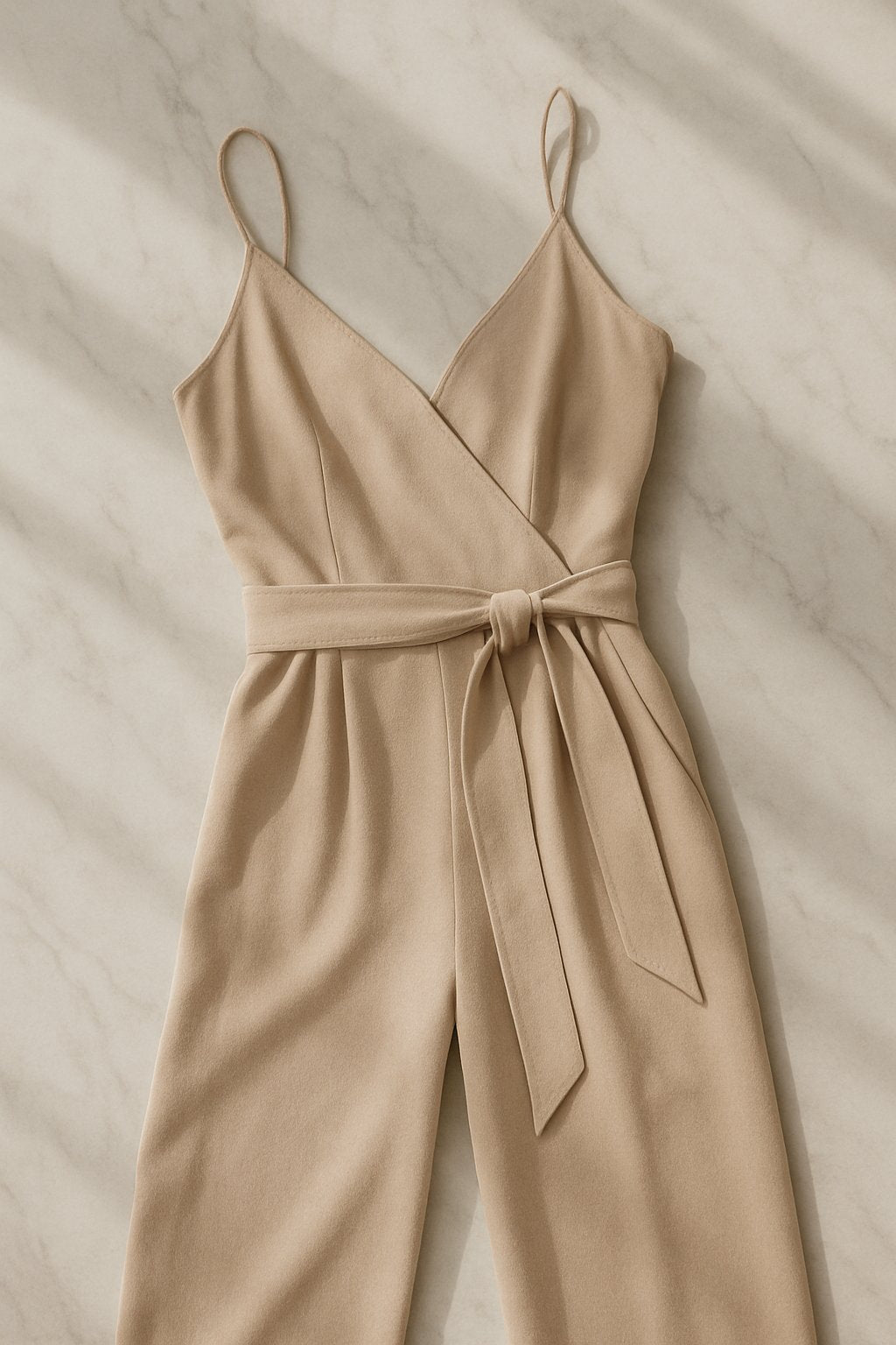 luxury fashion flat lay of a neutral-toned jumpsuit draped elegantly on a marble surface with soft diffused light.