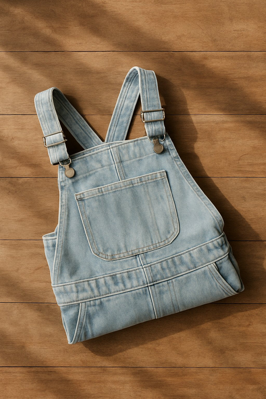 ifestyle-inspired image of light-wash denim overalls folded neatly with visible straps, placed on a wooden surface with soft natural shadows.