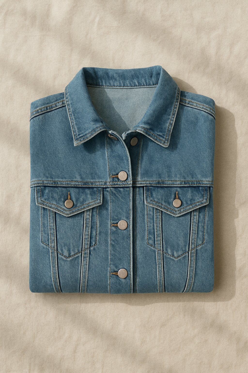 close-up editorial of a structured denim jacket laid flat on a cream linen backdrop, styled with clean minimalist folds.