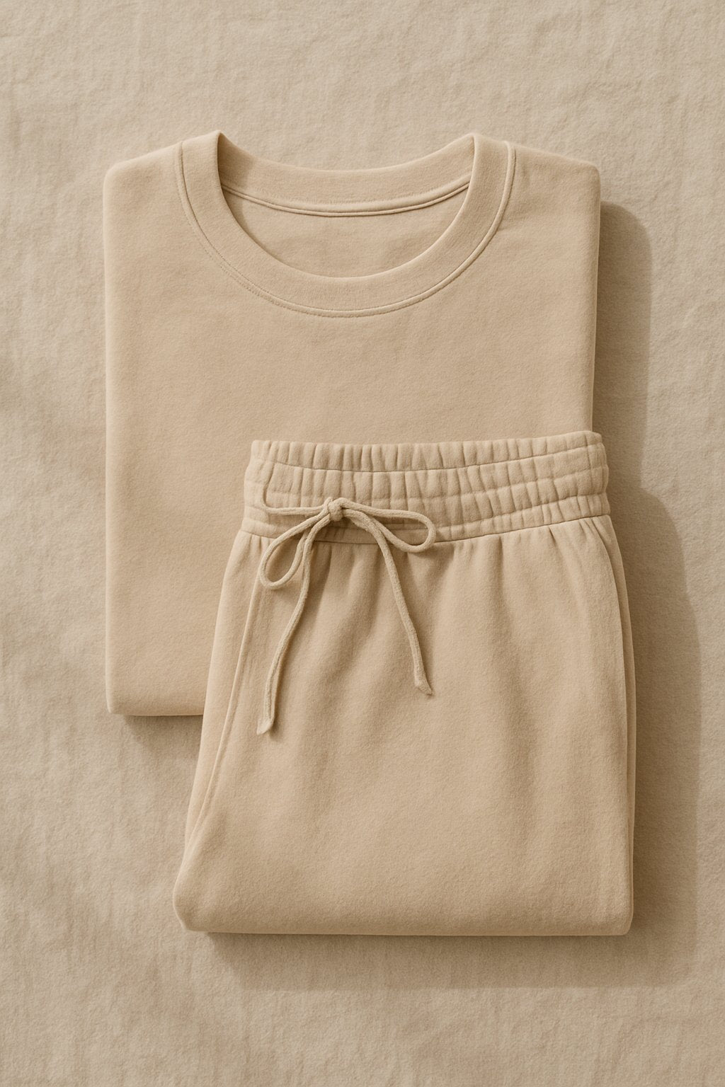 editorial flat lay of soft cotton lounge set pieces (top and bottom) stacked neatly on a neutral linen background with natural light.