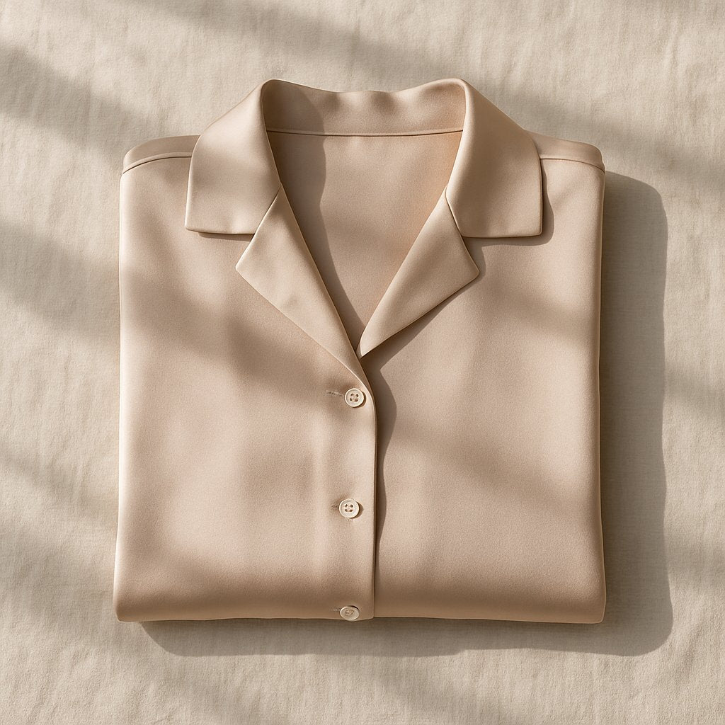 editorial flat lay of a silk blouse with delicate buttons, neatly folded on a cream linen backdrop with soft natural light and shadows.