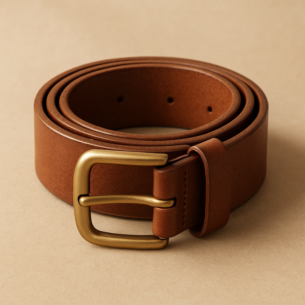close-up image of a structured leather belt coiled neatly on a beige backdrop with soft natural shadows.