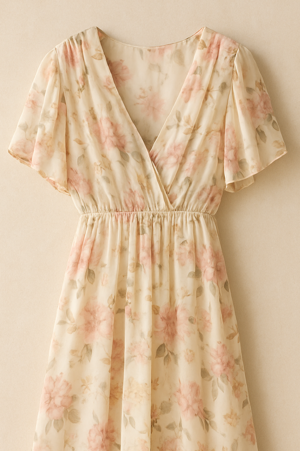 close-up of a soft chiffon floral maxi dress hanging elegantly, pastel floral design, cream-toned backdrop, no text.