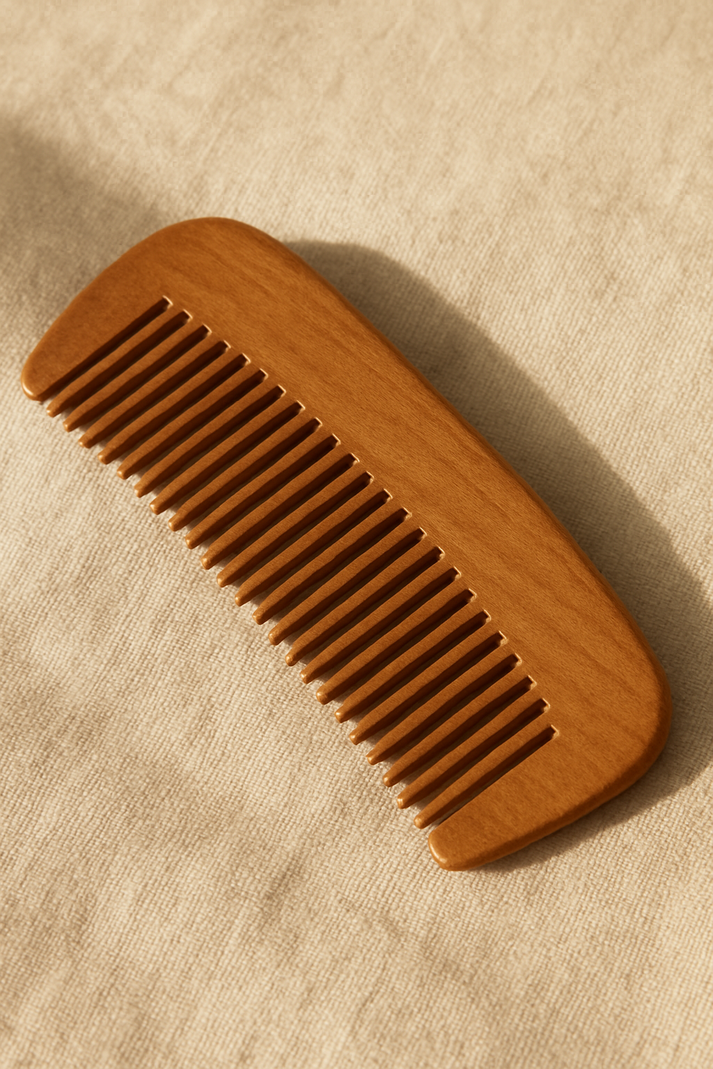 editorial close-up of a luxury wooden comb placed on a linen background with soft golden light.