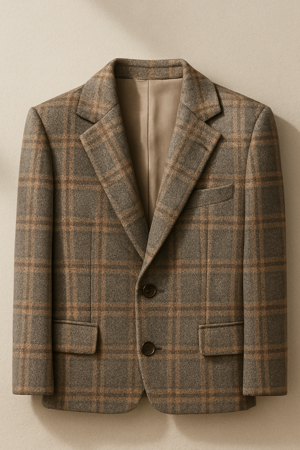 editorial image of a plaid wool blazer folded neatly with clean shadows, cream-gray backdrop, premium detail.