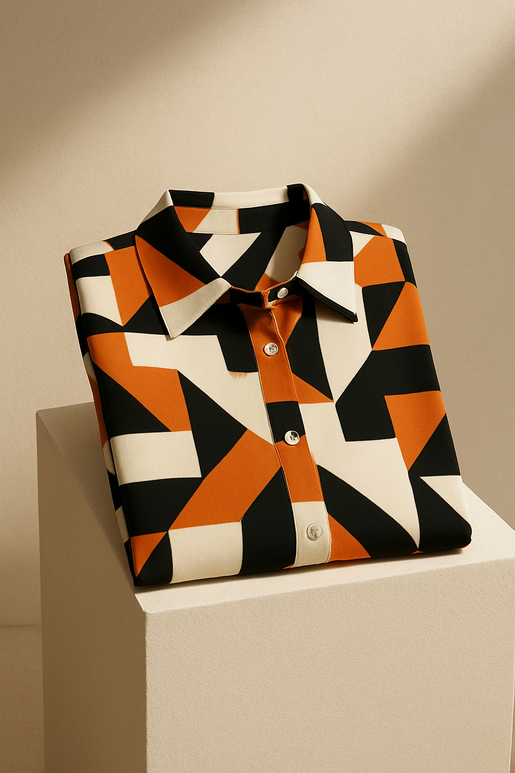 fashion editorial image of a blouse with bold geometric print folded neatly on a pedestal, soft spotlight, clean cream background.