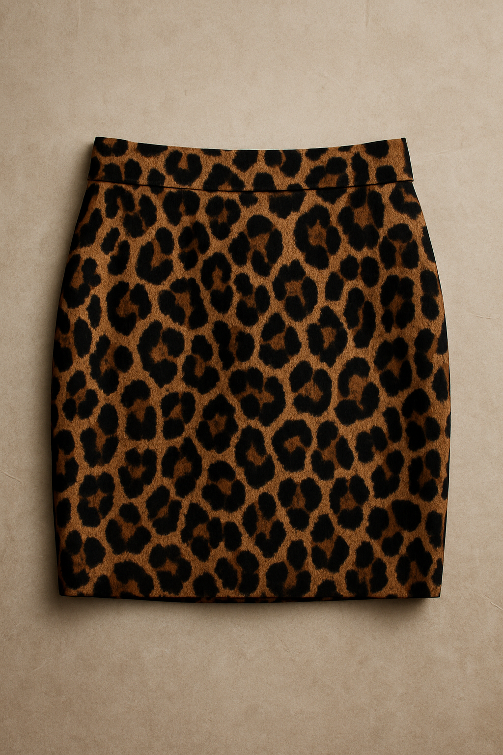 fashion flat lay of a leopard print skirt folded on a neutral stone background, premium styling, strong but elegant contrast.