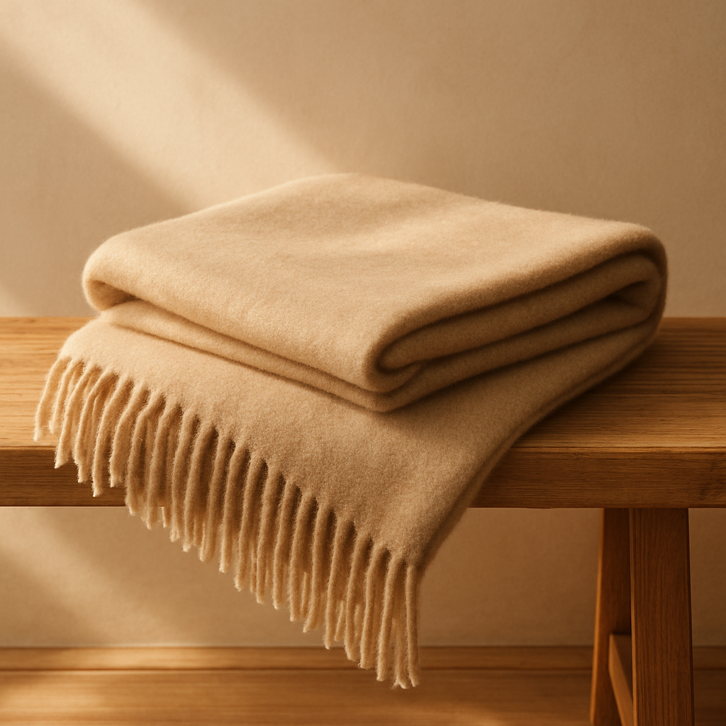image of a folded cozy cashmere blanket styled on a wooden bench with warm light and neutral tones.