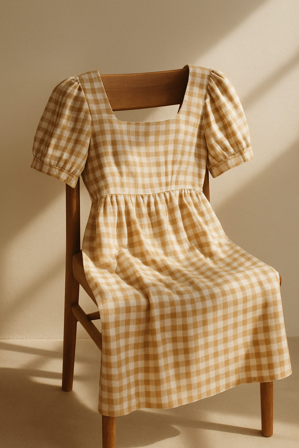 image of a gingham-patterned dress draped over a wooden chair with natural sunlight and soft shadows. Minimalist styling, no text.