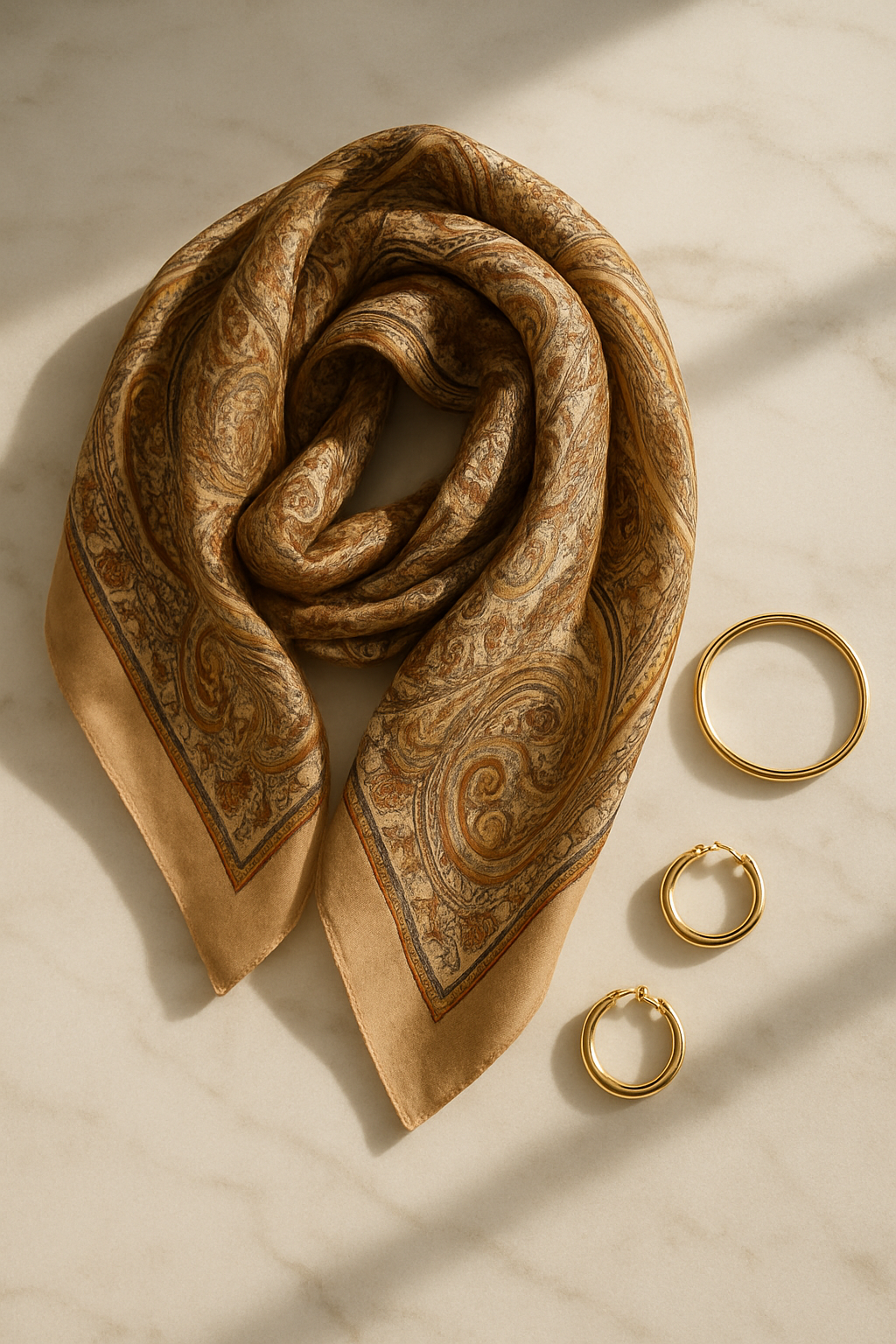 image of a silk paisley scarf arranged elegantly on a marble surface with gold jewelry beside it, soft sunlight.