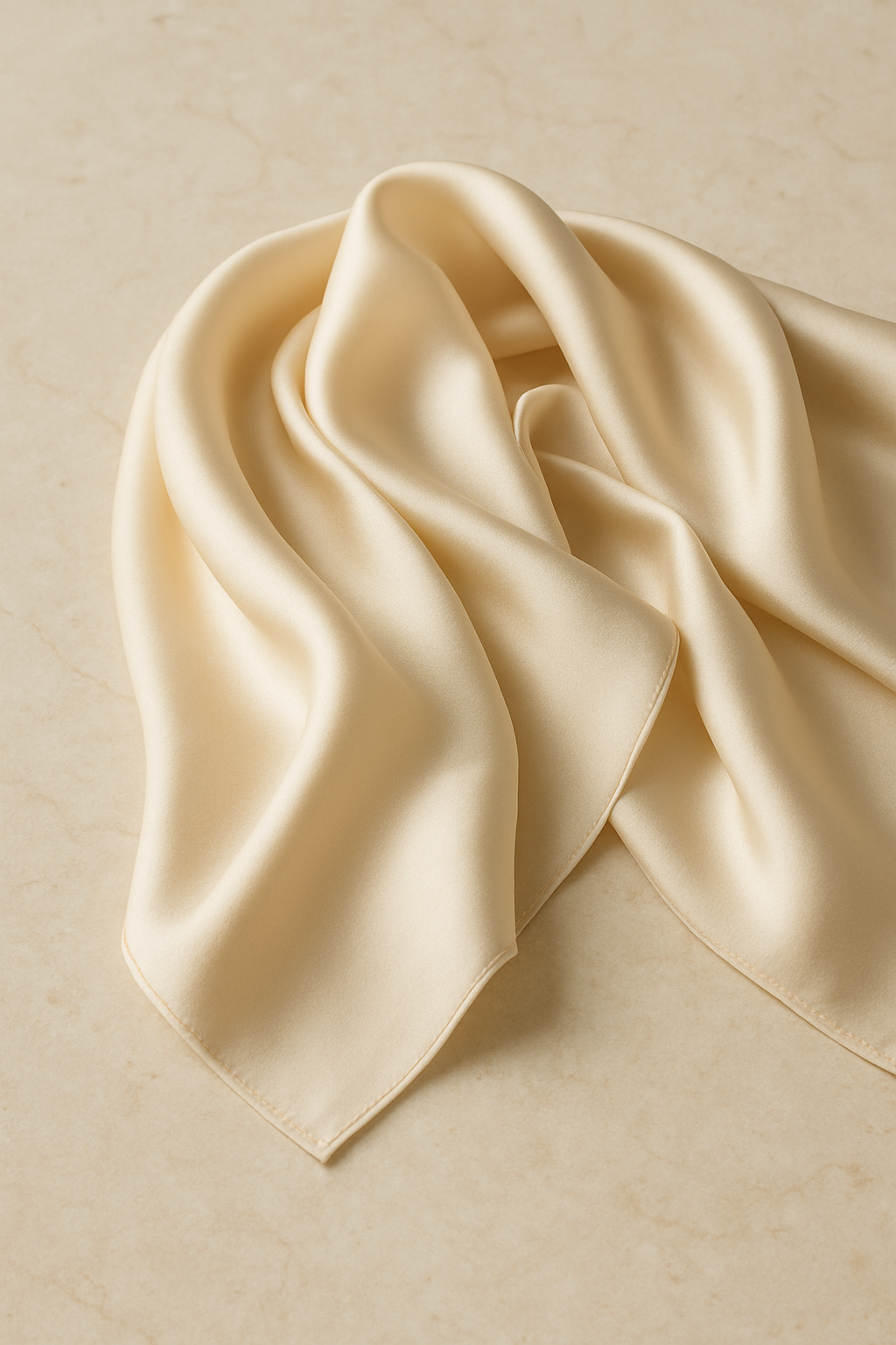 luxury silk scarf draped softly on a marble background with natural light, premium styling, no text.