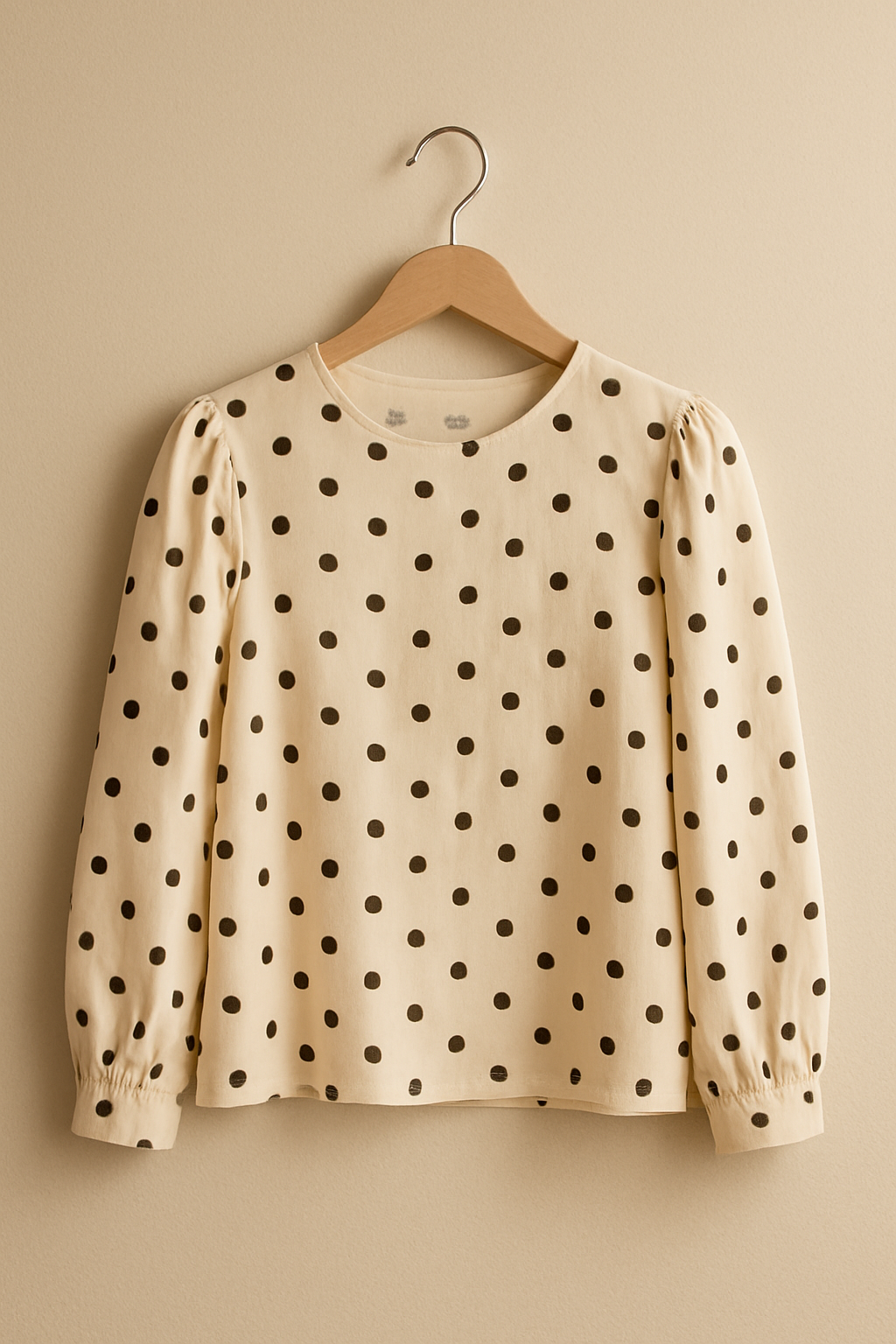 minimalist styled photo of a polka-dot blouse hanging on a wooden hanger against a neutral beige background.