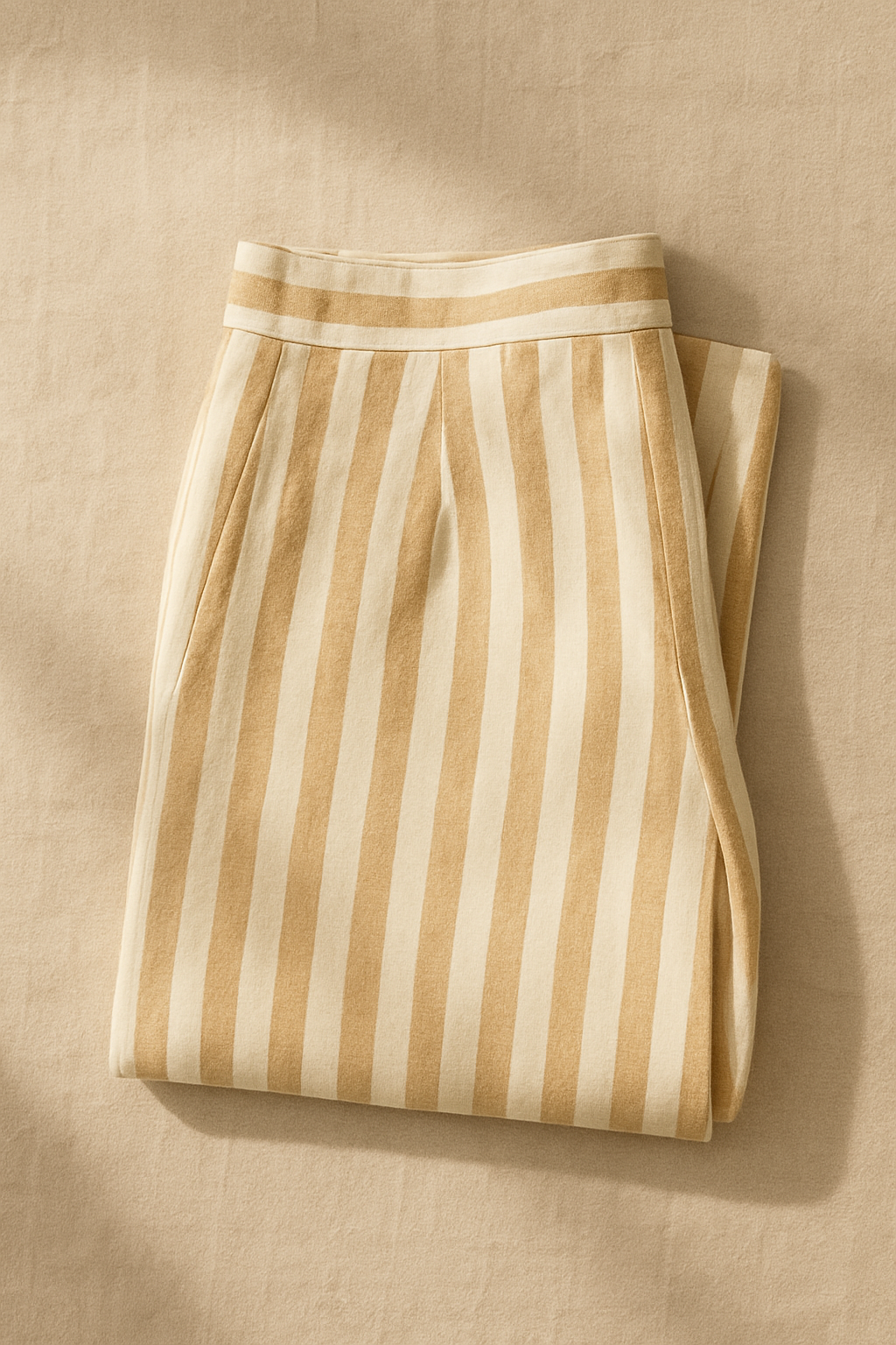 square image of striped wide-leg pants folded neatly on a cream backdrop with editorial lighting.