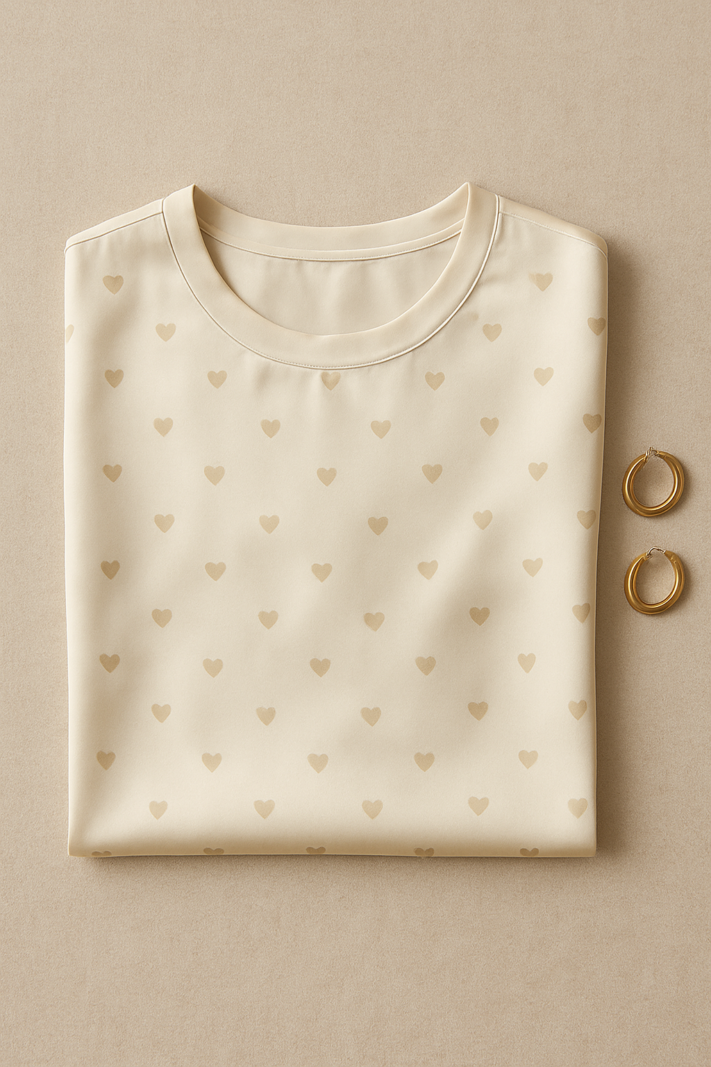 styled flat lay of a silk T-shirt with subtle heart motifs, paired with gold earrings, beige fabric background.