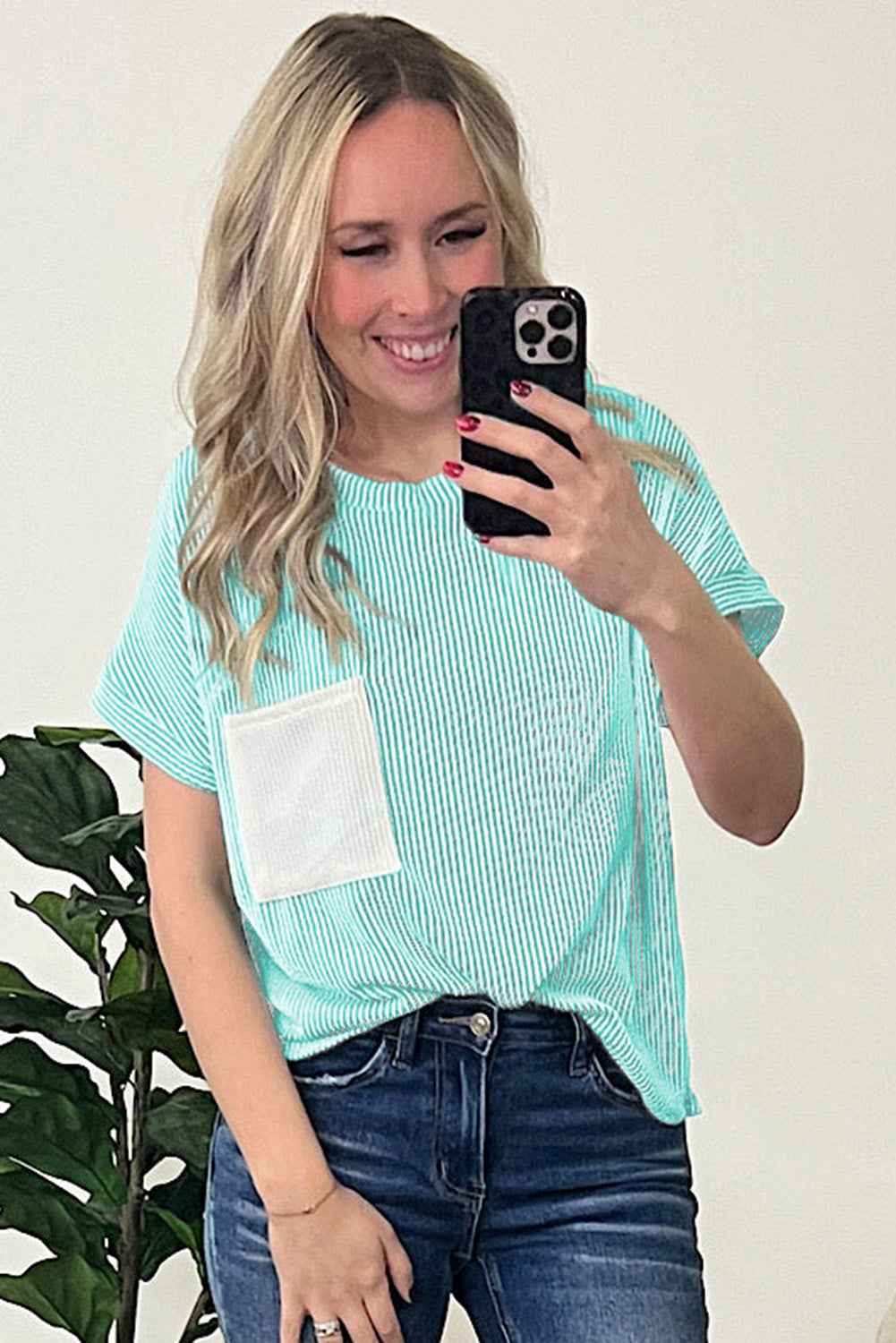 Pink Corded Colorblock Pocket Crew Neck T Shirt 00638a8e28374f2c