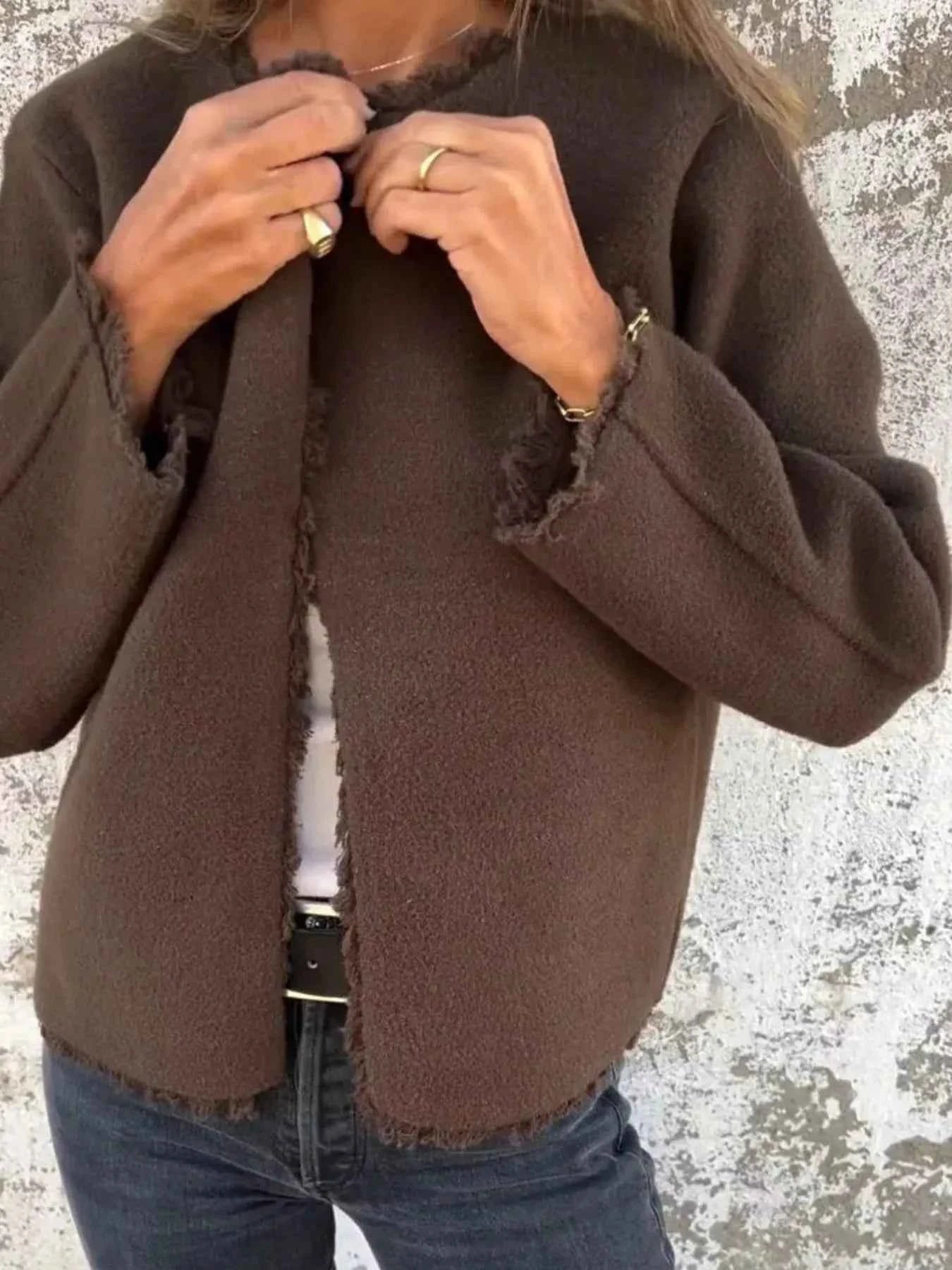 Full Size One Button Frayed Edge Cardigan Plus Size Brown 017b04b5-d591-41fa-ba84-9791aedd3c6a-Max-Origin