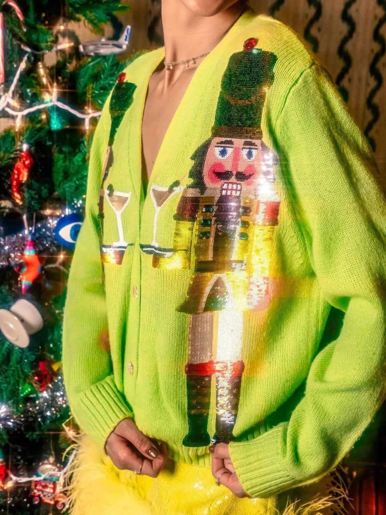 Nutcracker Ribbed Hem V-Neck Cardigan Yellow Green 025610d7-2bfb-48c1-89b5-dd348170545a-Max-Origin