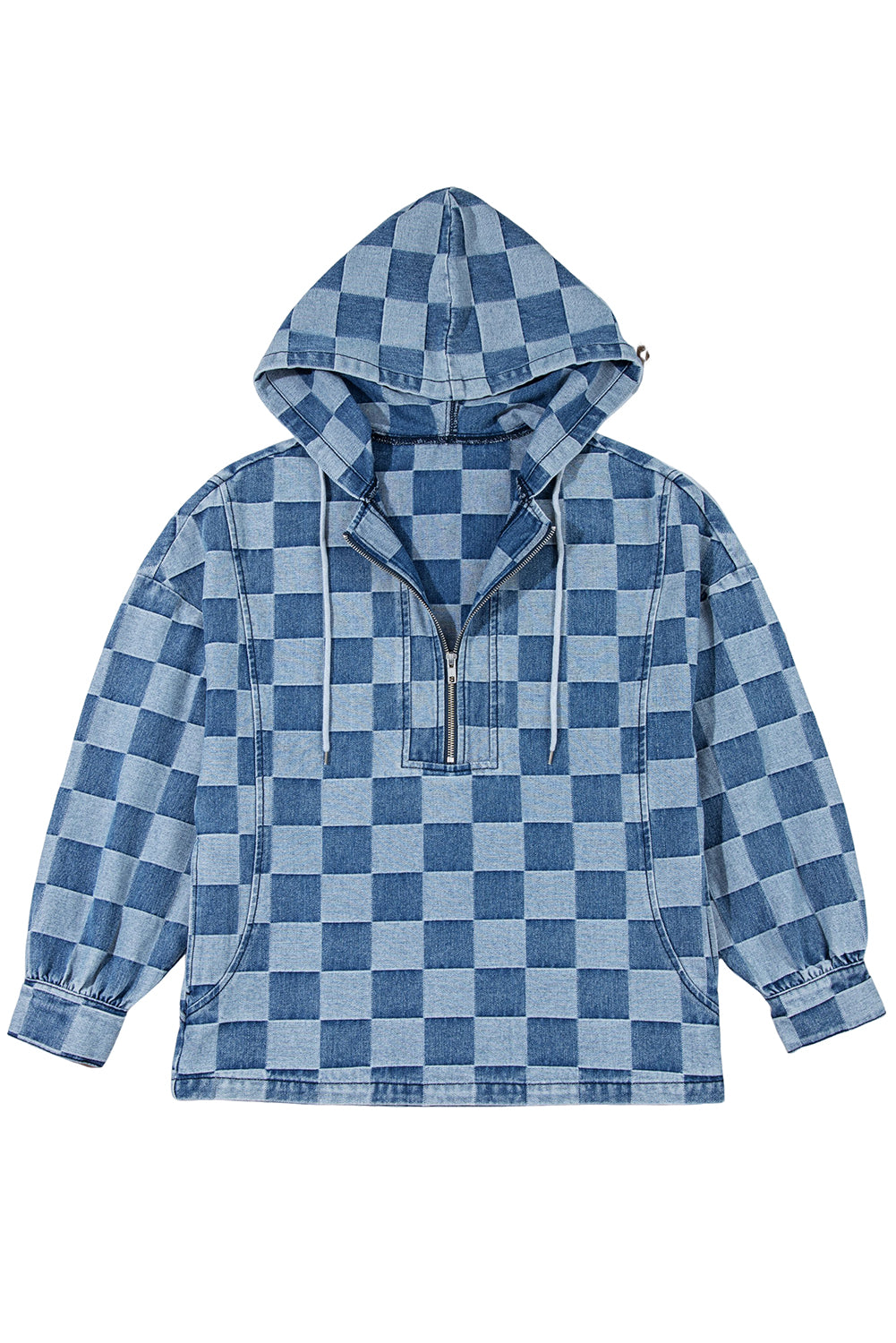Sky Blue Checkerboard Zipped Collar Kangaroo Pocket Denim Hoodie 02a077ca7c97fb3a