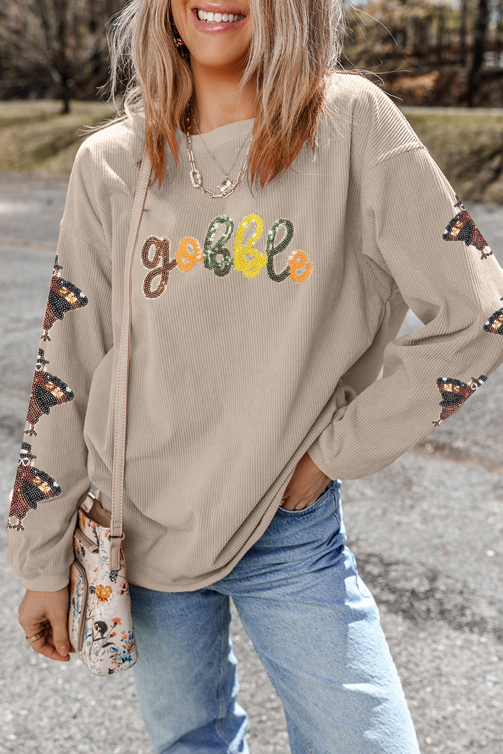 Smoke Gray gobble Turkey Sleeve Sequins Patch Corded Baggy Sweatshirt 02d350de2523a482