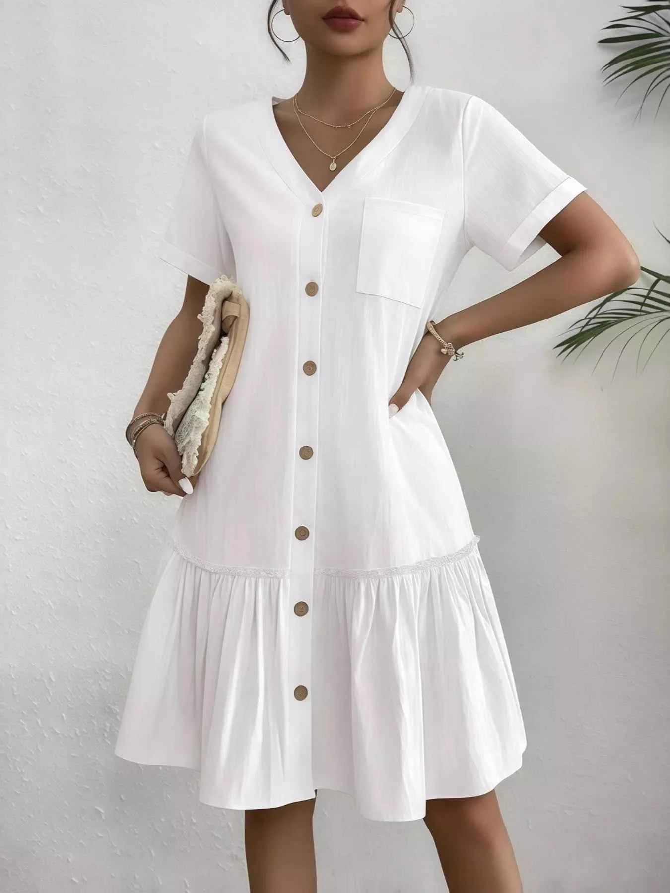 Full Size Button-Front Short Sleeve Tiered Dress Plus Size White 02e0297ef5c94a5f952add1bb1c31caa-Max-Origin