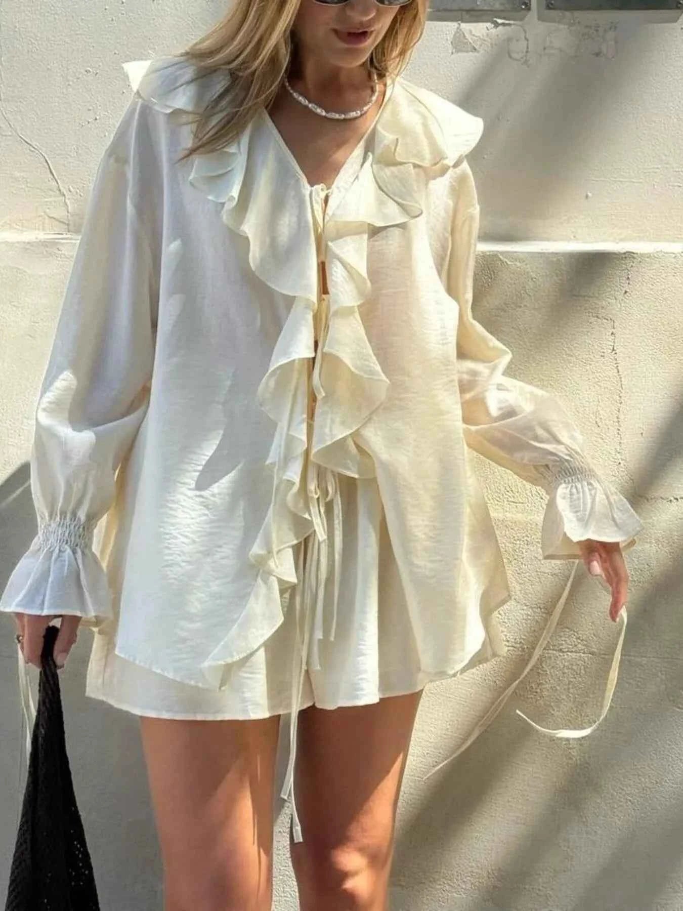 Ruffled Long Sleeve Shirt and Shorts Set Off-white 02f582ac3f304a3f8faf37f5b441973e-Max-Origin