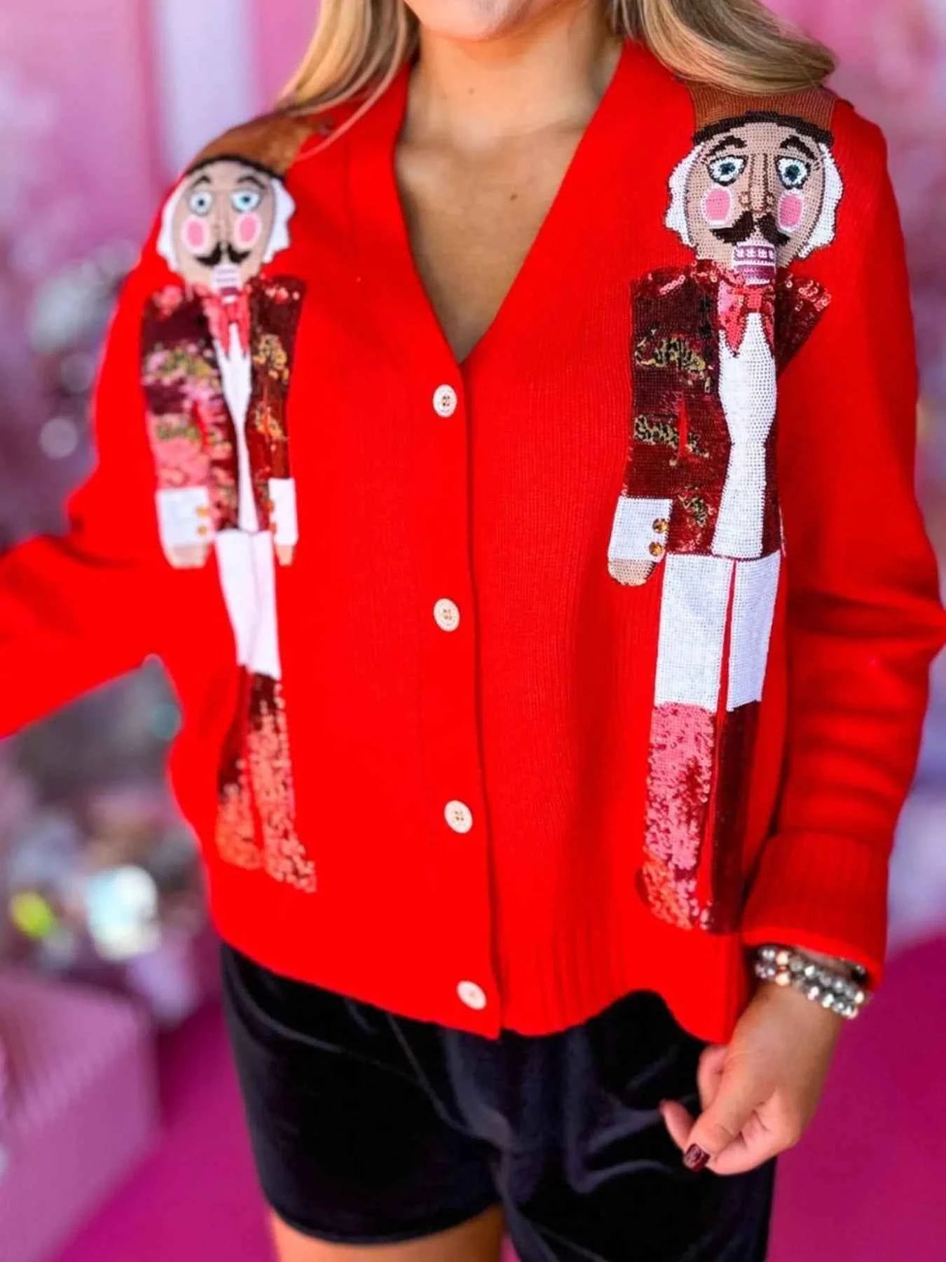 Nutcracker Ribbed Hem V-Neck Cardigan Scarlet 02f834ad-a73c-41e5-8773-aaf7088b8018-Max-Origin