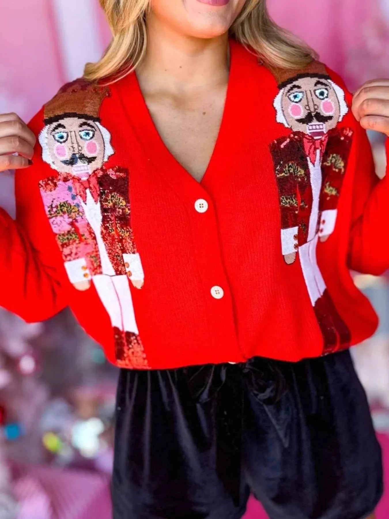 Nutcracker Ribbed Hem V-Neck Cardigan 0300d74e-d193-4ace-aa1f-00696b1f48aa-Max-Origin