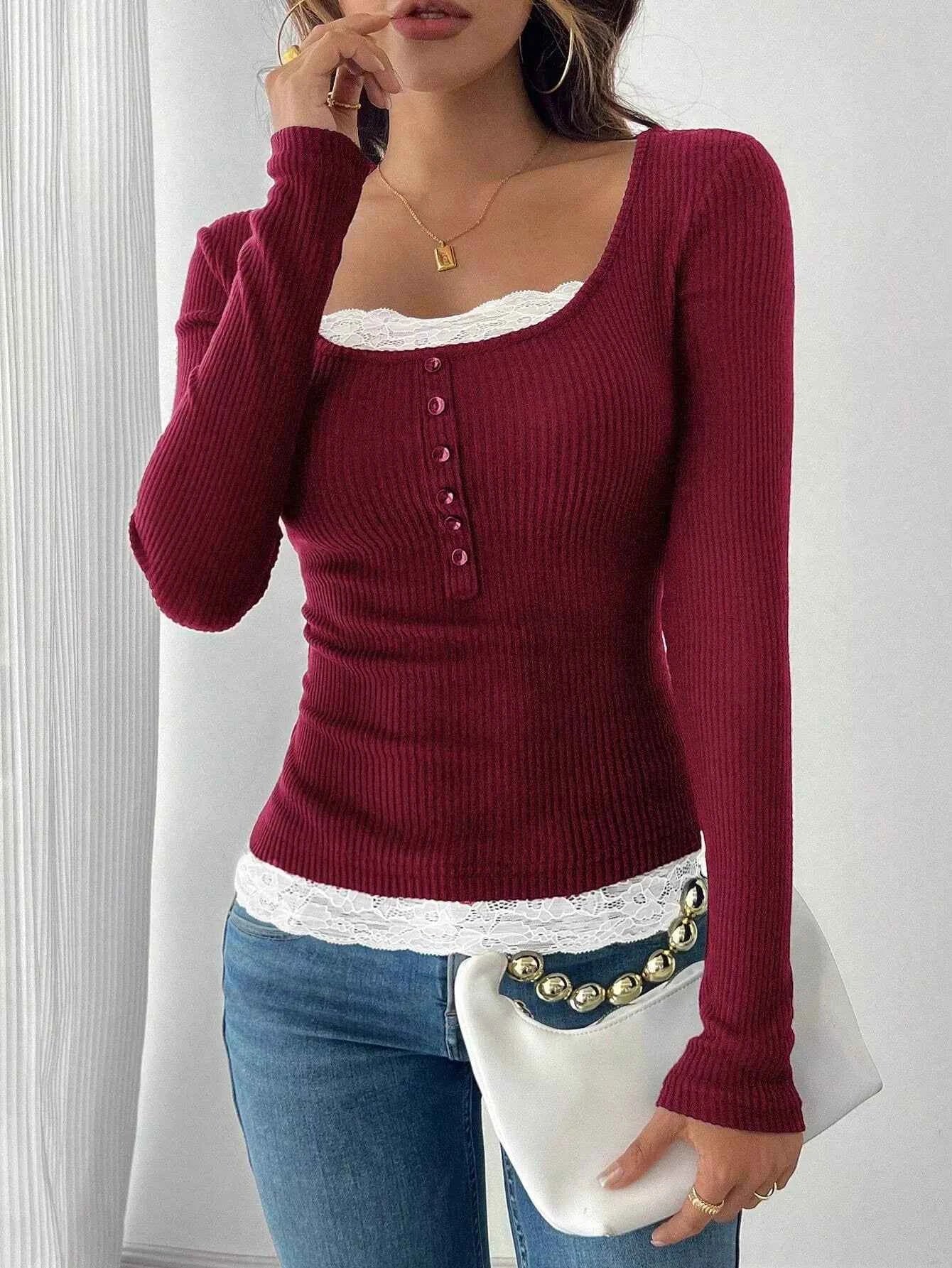 Lace Detail Long Sleeve T-Shirt Burgundy 030a963b-92f5-418d-b72a-29df7b911775-Max-Origin