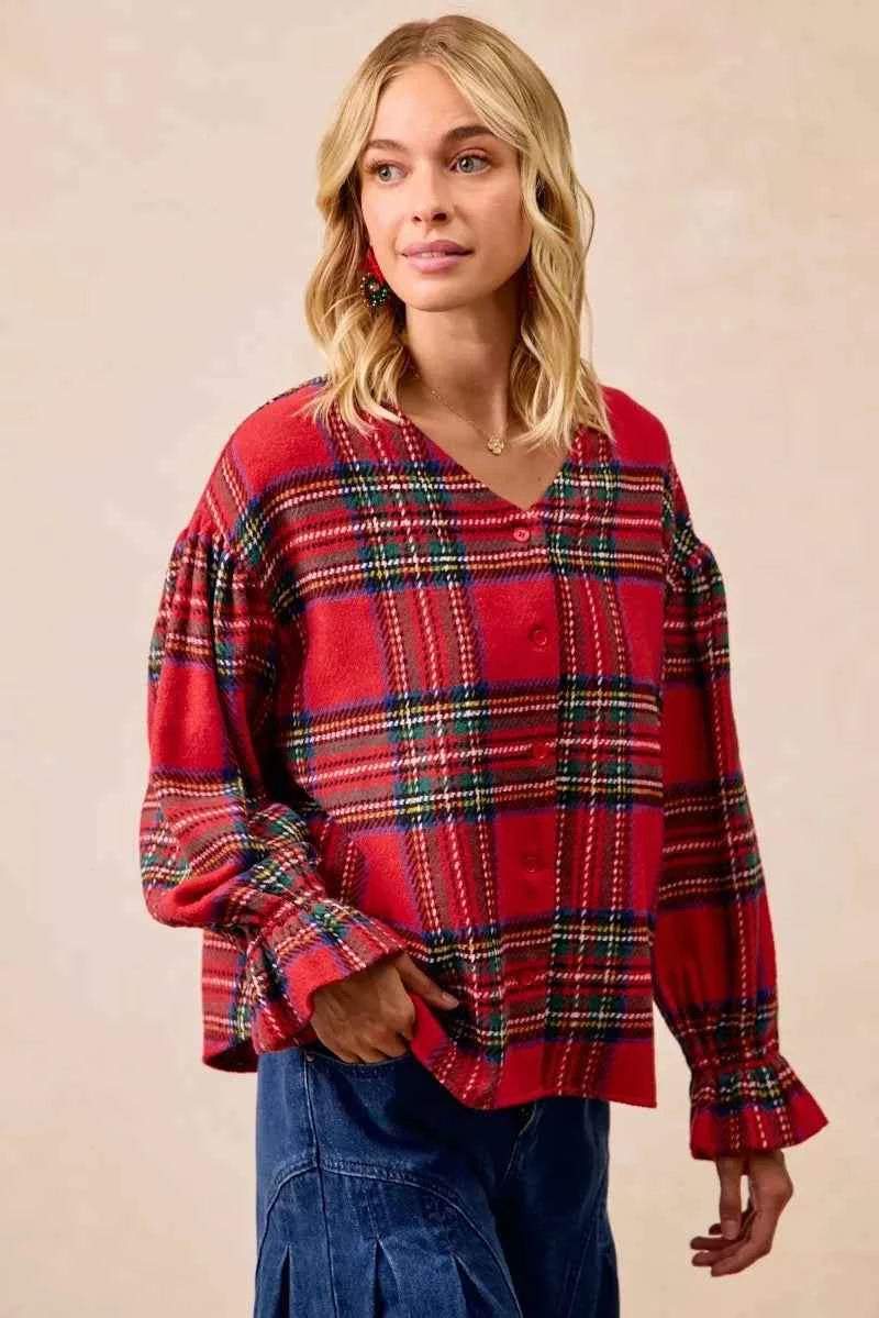 BiBi Christmas Plaid V-Neck Flounce Sleeve Jacket 03c6bc3def4f4d54a509d4e6b0d528c7-Max-Origin