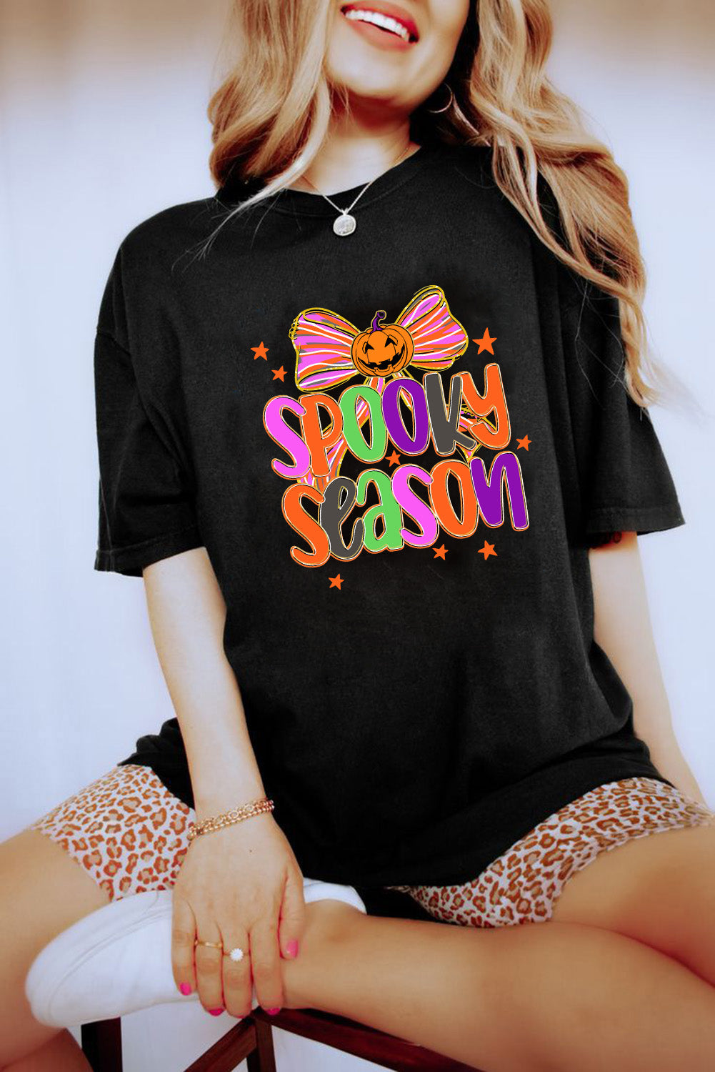 Black SPOOKY SEASON Halloween Pumpkin Bow Heat Transfer Printing T Shirt 03d13ad9370ea6bd