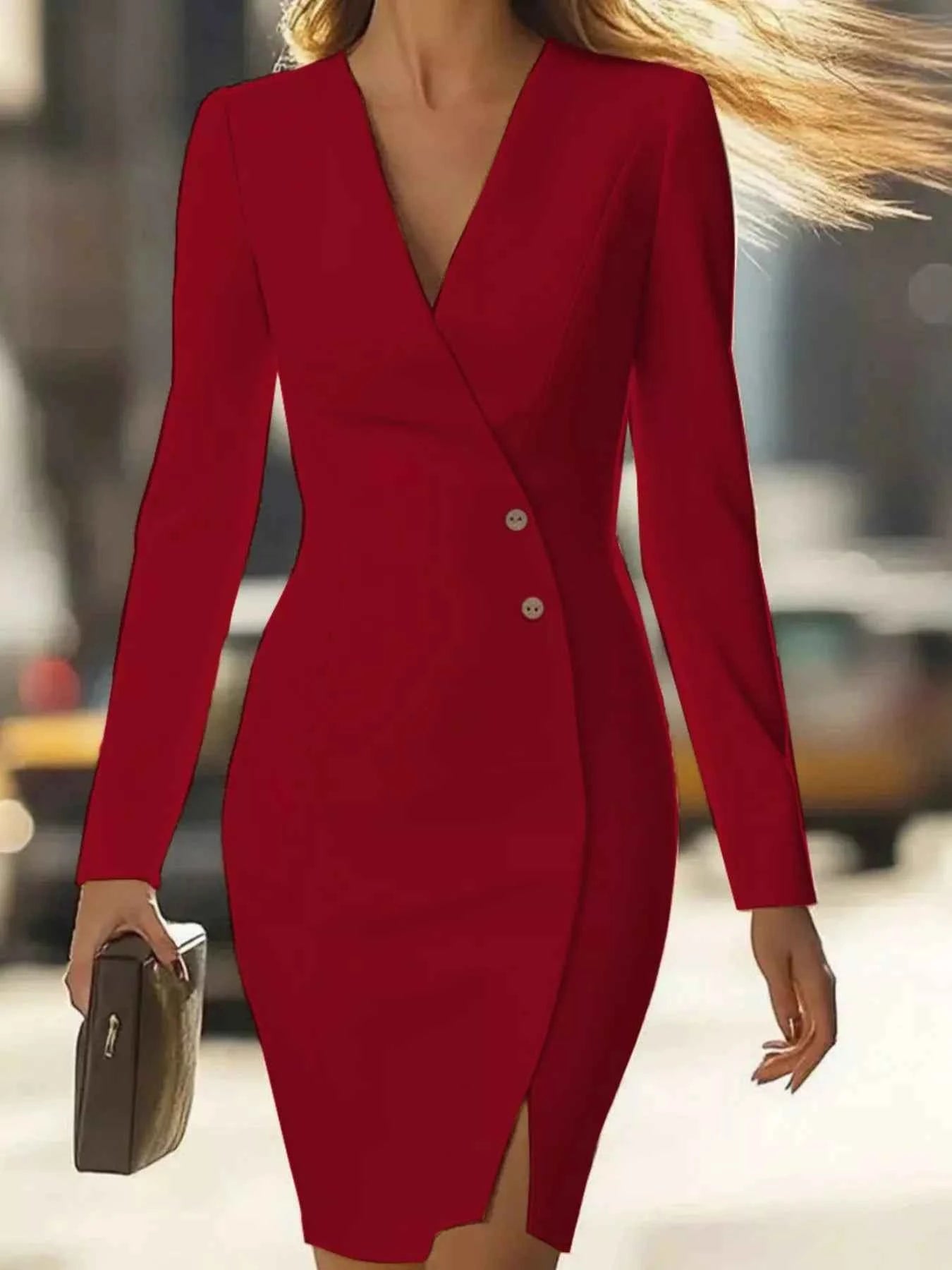 Long Sleeve Blazer Dress with Button Detail Red 03f00655-a33f-4454-aa6a-222444eedbbc-Max-Origin