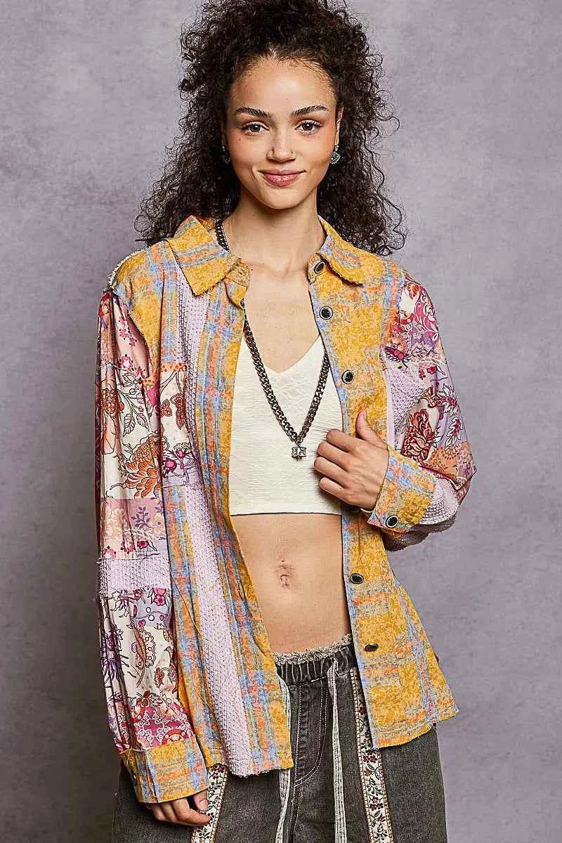 POL Printed Button Down Long Sleeve Exposed Seam Shirt YELLOW MULTI 04238035-719c-4d67-a0b7-6ff01413b262-Max-Origin
