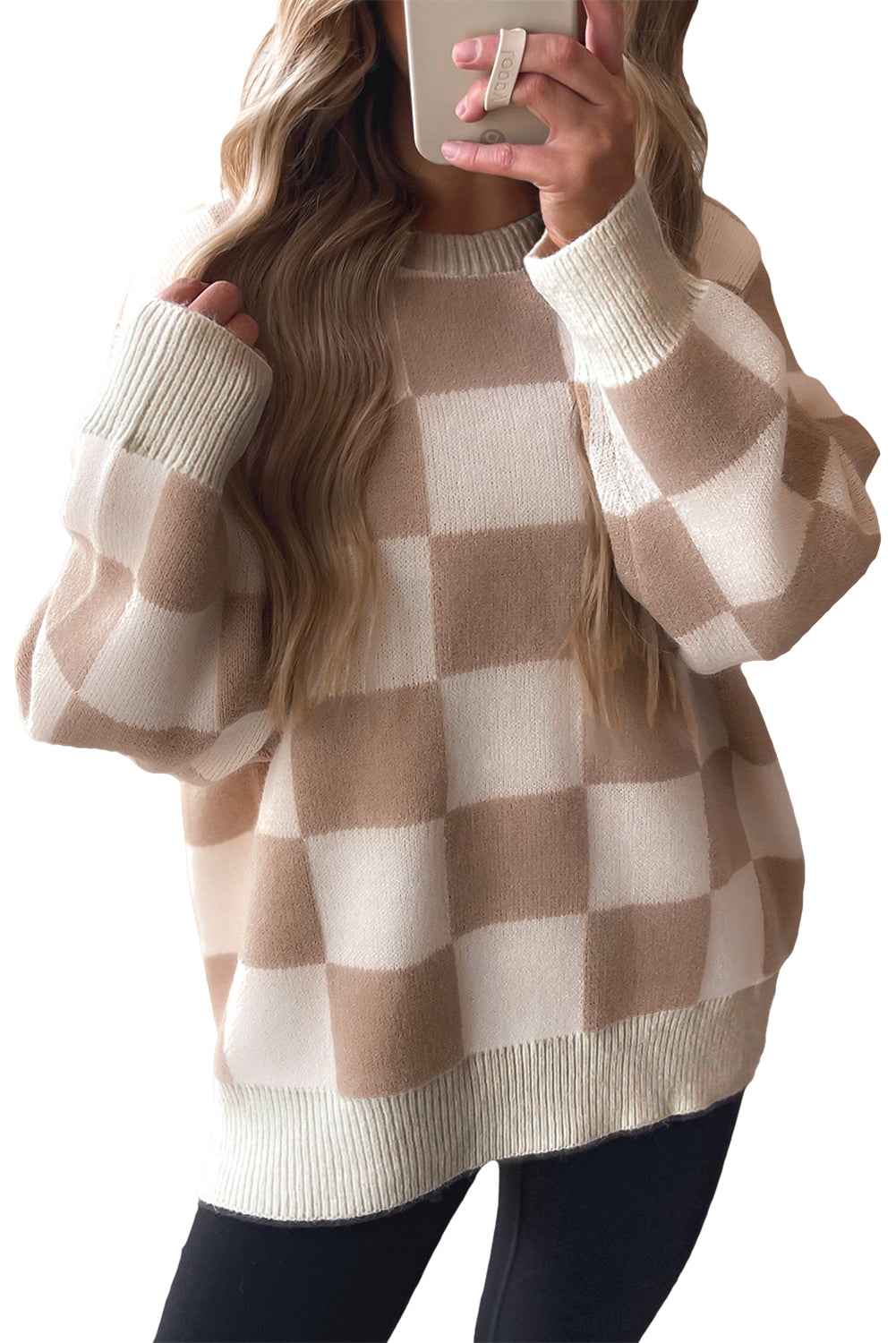 Parchment Checkered Pattern Ribbed Trim Knit Baggy Sweater