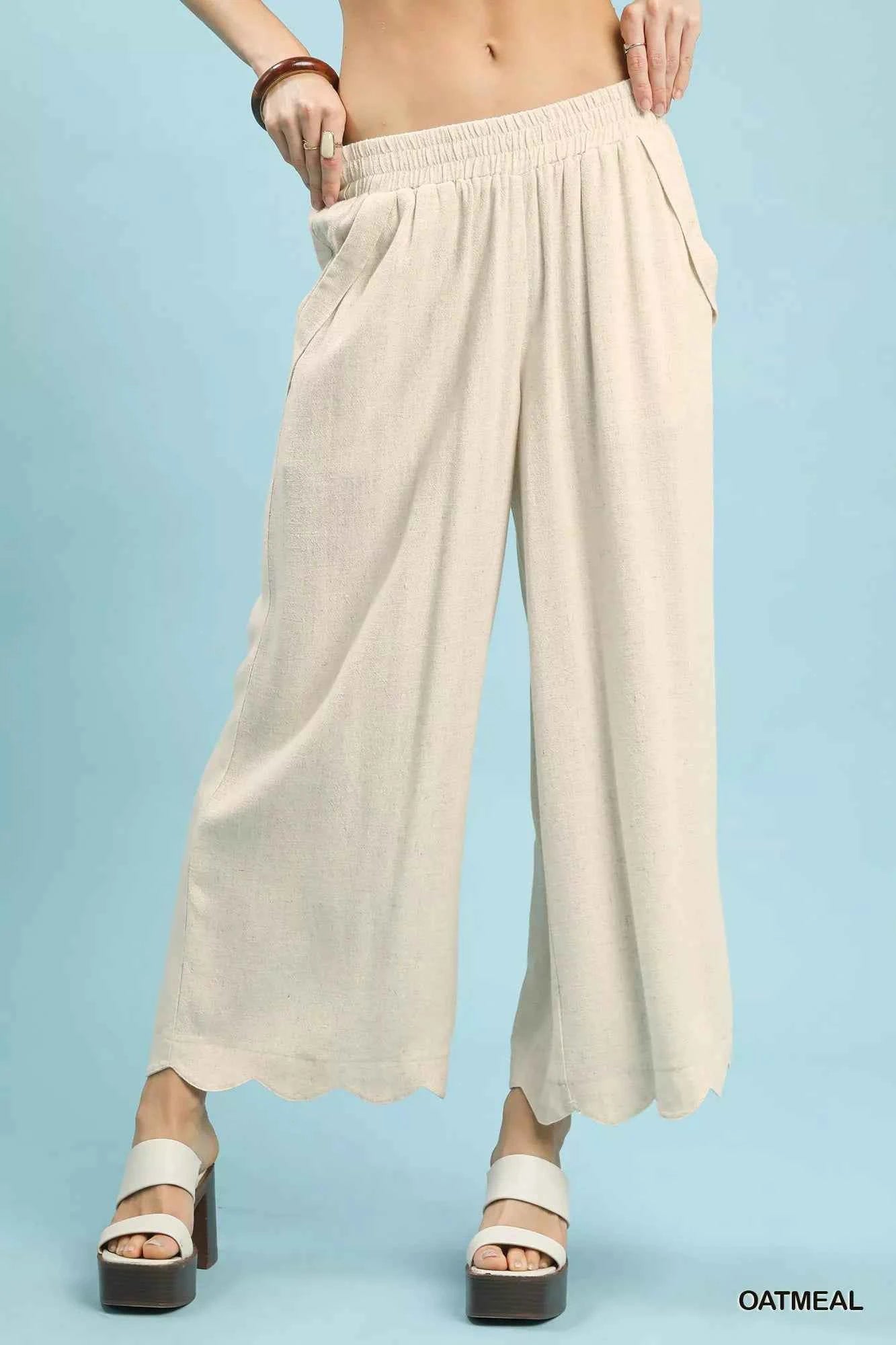 Umgee Linen Blend Scallop Hem Wide Leg Pants OATMEAL 05777006-7264-43e1-9f05-7aa91d836d23-Max-Origin