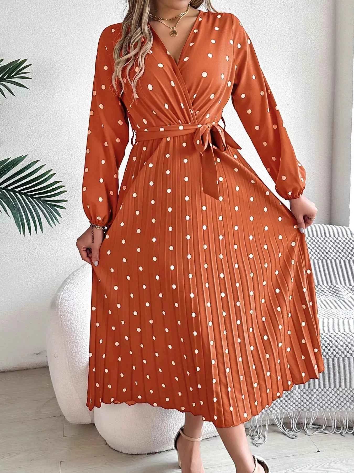 Front Tie Polka Dot Midi Pleated Dress 05aa5b2d-fc34-42b7-aeee-d77078018fd1-Max-Origin