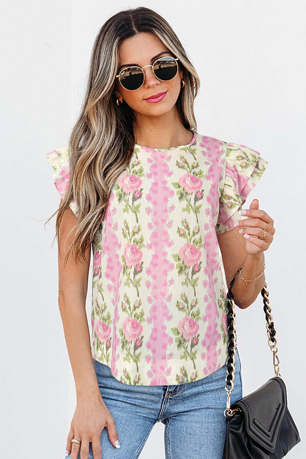 Pink Floral Print Layered Ruffle Sleeve Summer Top 063f459dc7df3f71