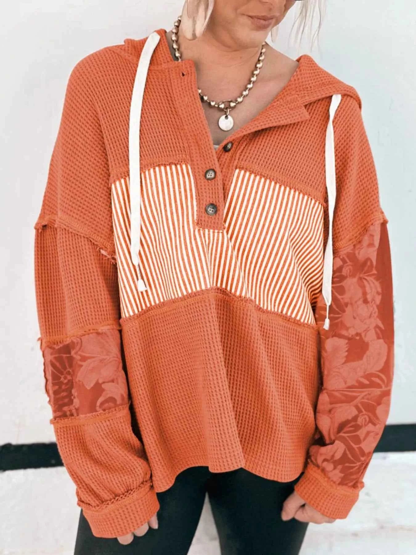 Waffle Knit Color Block Striped Drawstring Hoodie Tangerine 06bf6e67-8f51-4c46-9f0d-5ed09afa88f3-Max-Origin
