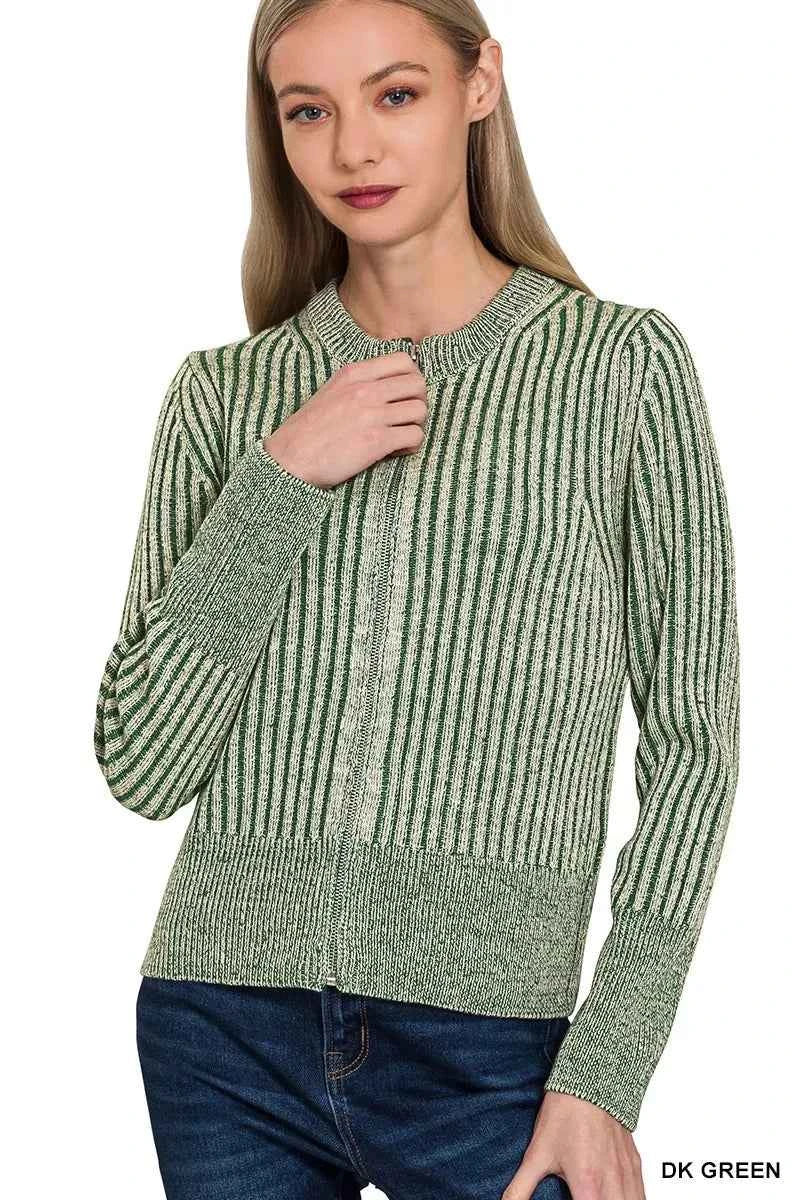 Zenana Ribbed Two Tone Zip Up Sweater Cardigan DK GREEN 07be58b9006b4ced94da454cd9b345a1-Max-Origin