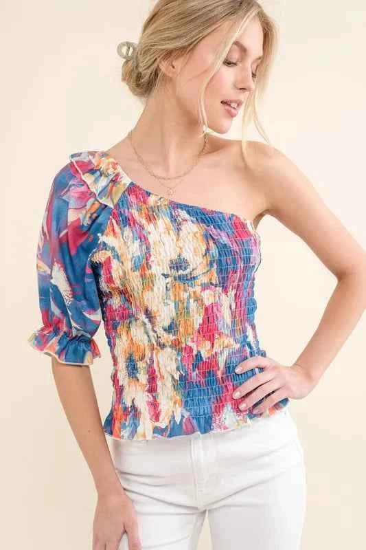 And The Why Allover Floral Print Smocked One Shoulder Blouse FLORAL 07e34e78e30b40e6aea60efa09478eab-Max-Origin