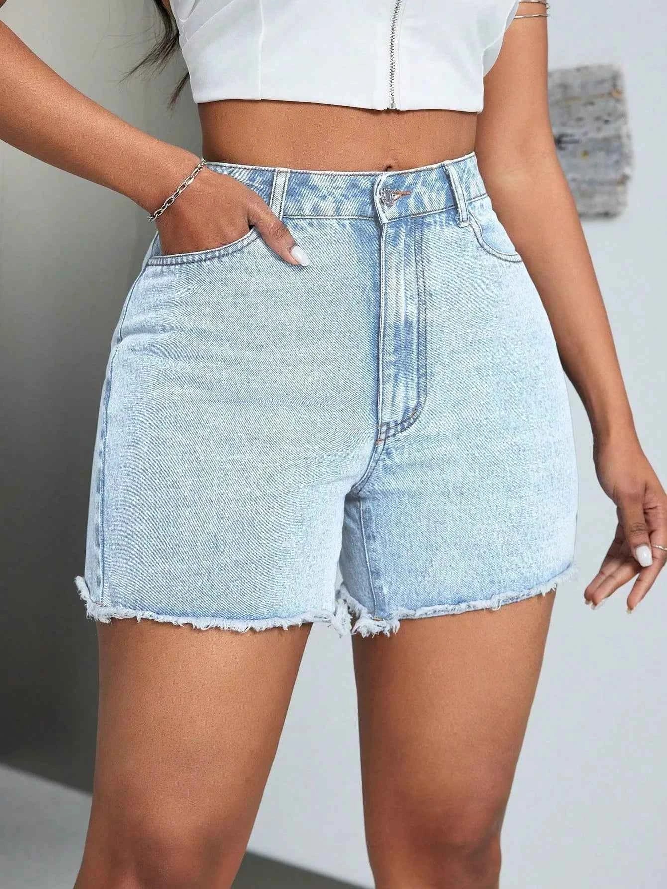 High-Waisted Raw Hem Denim Shorts