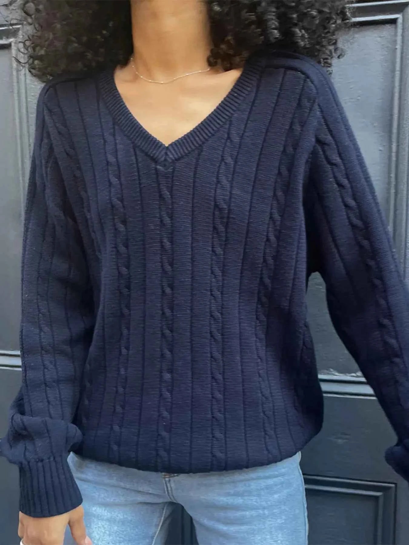 Cable Knit V-Neck Pullover Sweater Navy 083ae21b4eb94c519430b4aeb646a1a7-Max-Origin