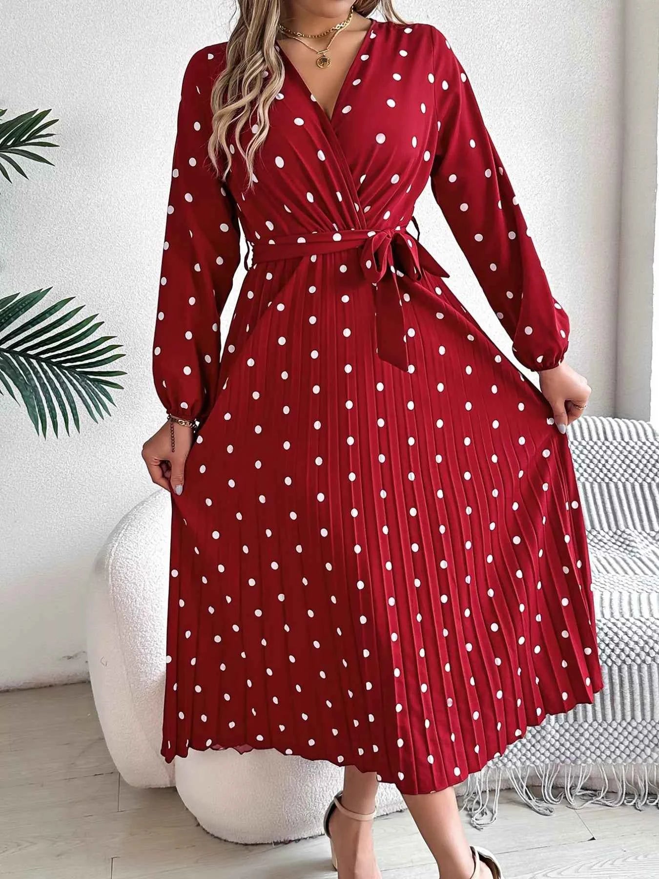 Front Tie Polka Dot Midi Pleated Dress Scarlet 0843f106-d30b-4508-9525-d22f7a8a9581-Max-Origin