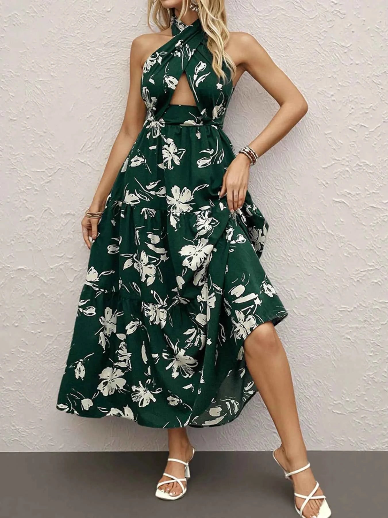 Printed Halter Neck Cutout Dress Green 08c8652e7b7f45f7897ecdd0cf45dc66-Max-Origin