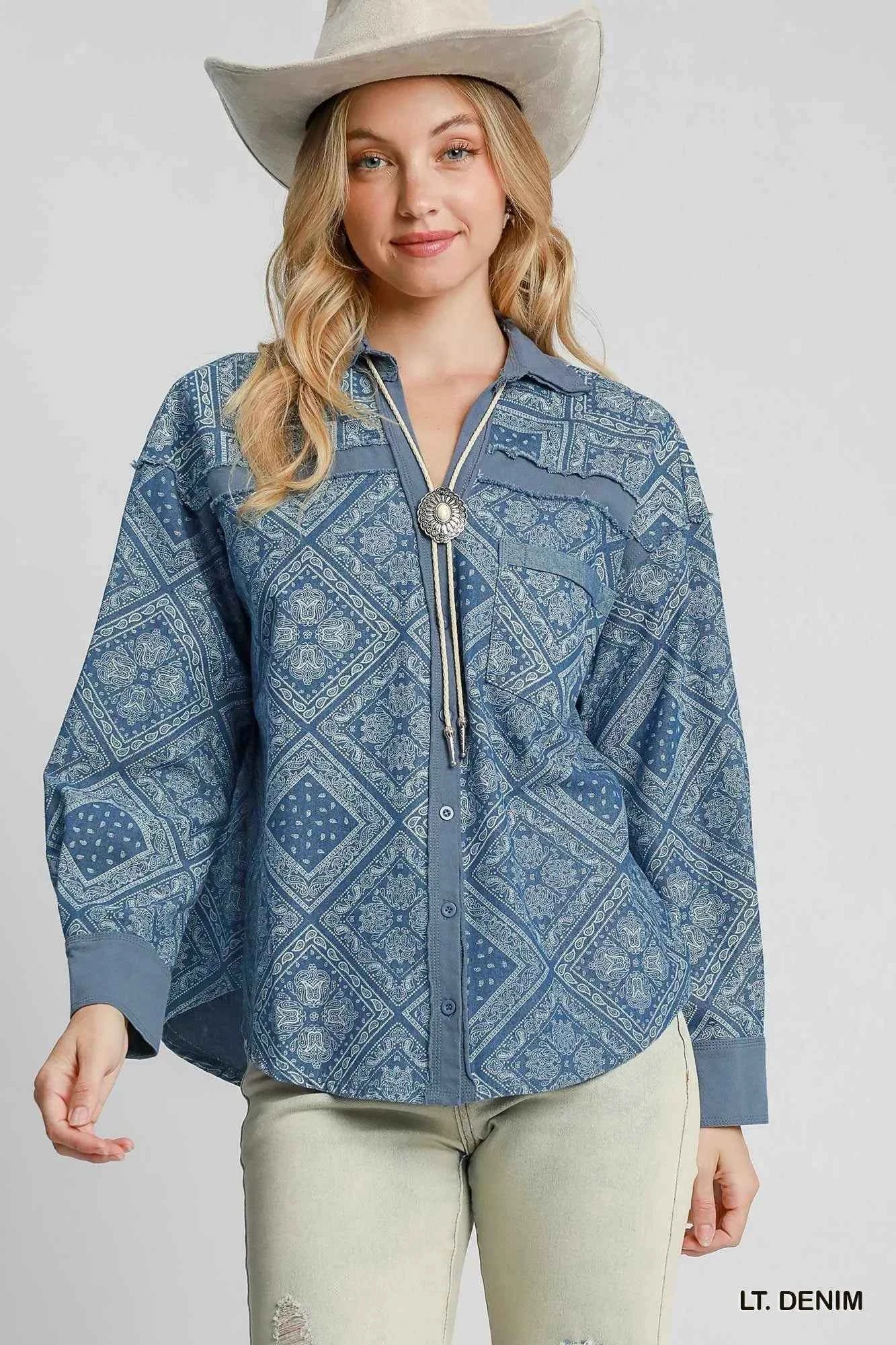 Umgee Paisley Print Denim Shirt Jacket LT. DENIM 08d0a696-c8bf-4aea-ba11-63817543aef5-Max-Origin