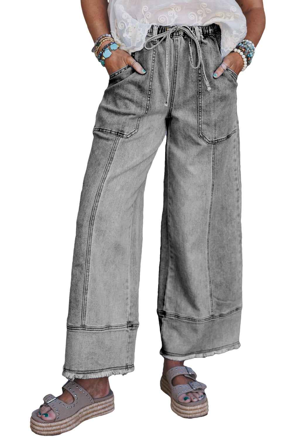 Beau Blue Drawstring Seam Detail Raw Hem Wide Leg Jeans 09425cd75db7c7ce