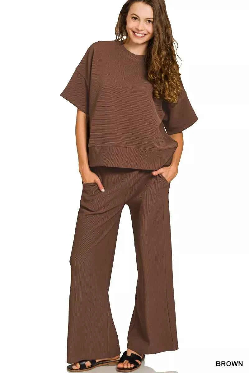 Zenana Ribbed Round Neck Tee & Pants Set BROWN 0942b3d0c44e48178fe1d578f5db5f1a-Max-Origin