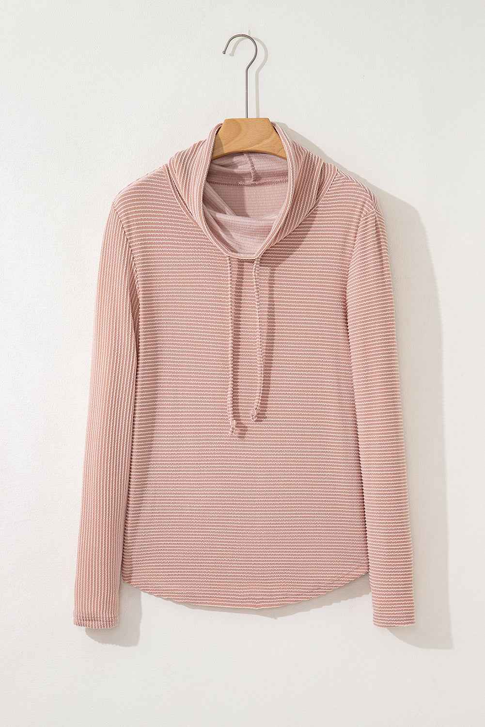 Apricot Pink Horizontal Twist Ribbed Drawstring Cowl Neck Knit Top