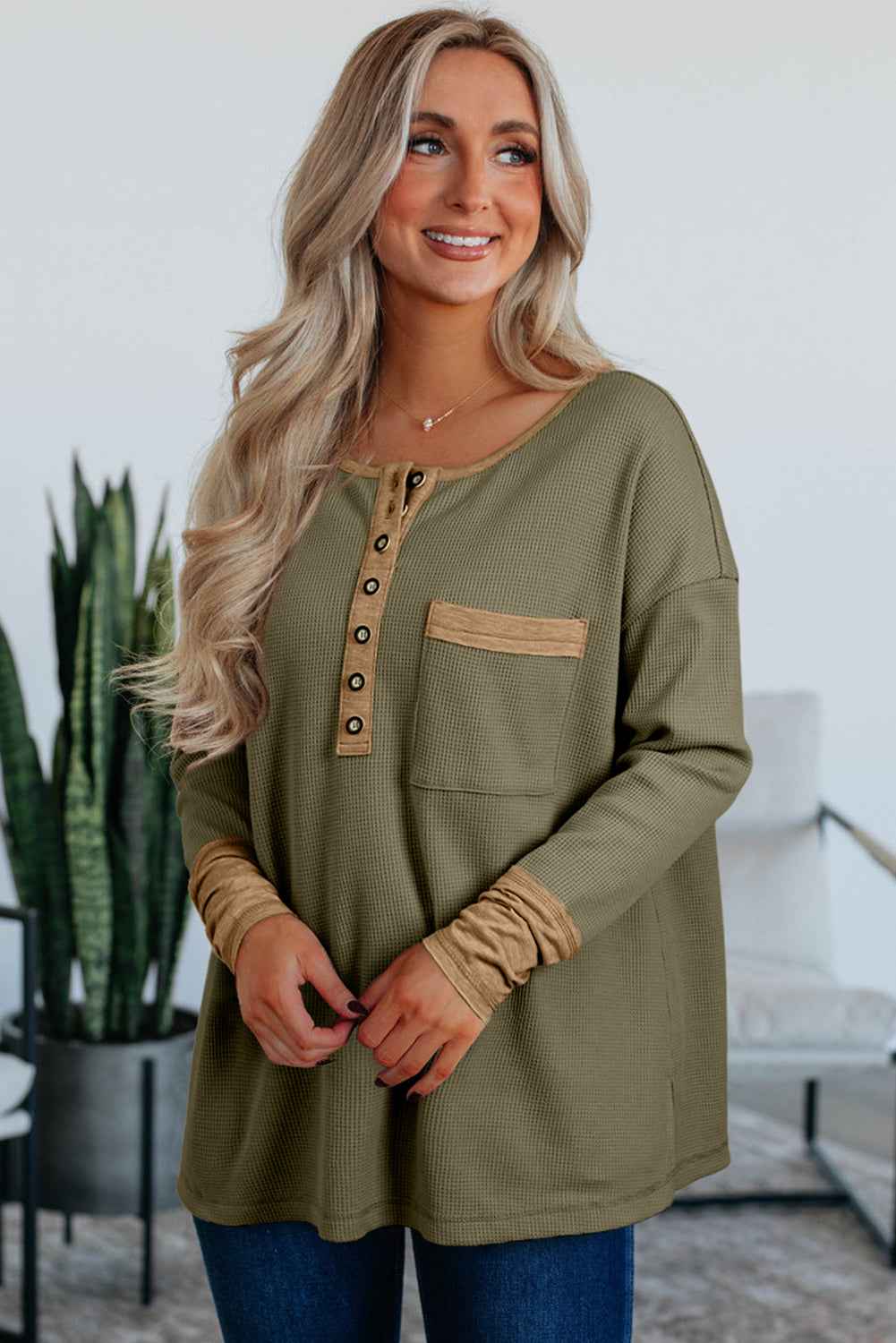 Vineyard Green Waffle Textured Patchwork Tunic Henley Top