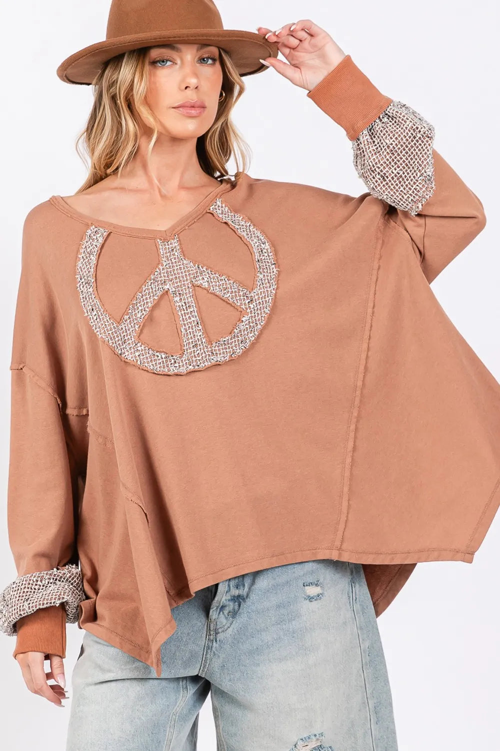 SAGE + FIG Peace Sign Mineral Wash Terry Top Camel 09cd86e8-4b74-4dfc-94d1-2768ce05db1d-Max